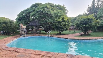 A swimming pool with a stone edge and a waterfall feature, surrounded by lush greenery and trees.