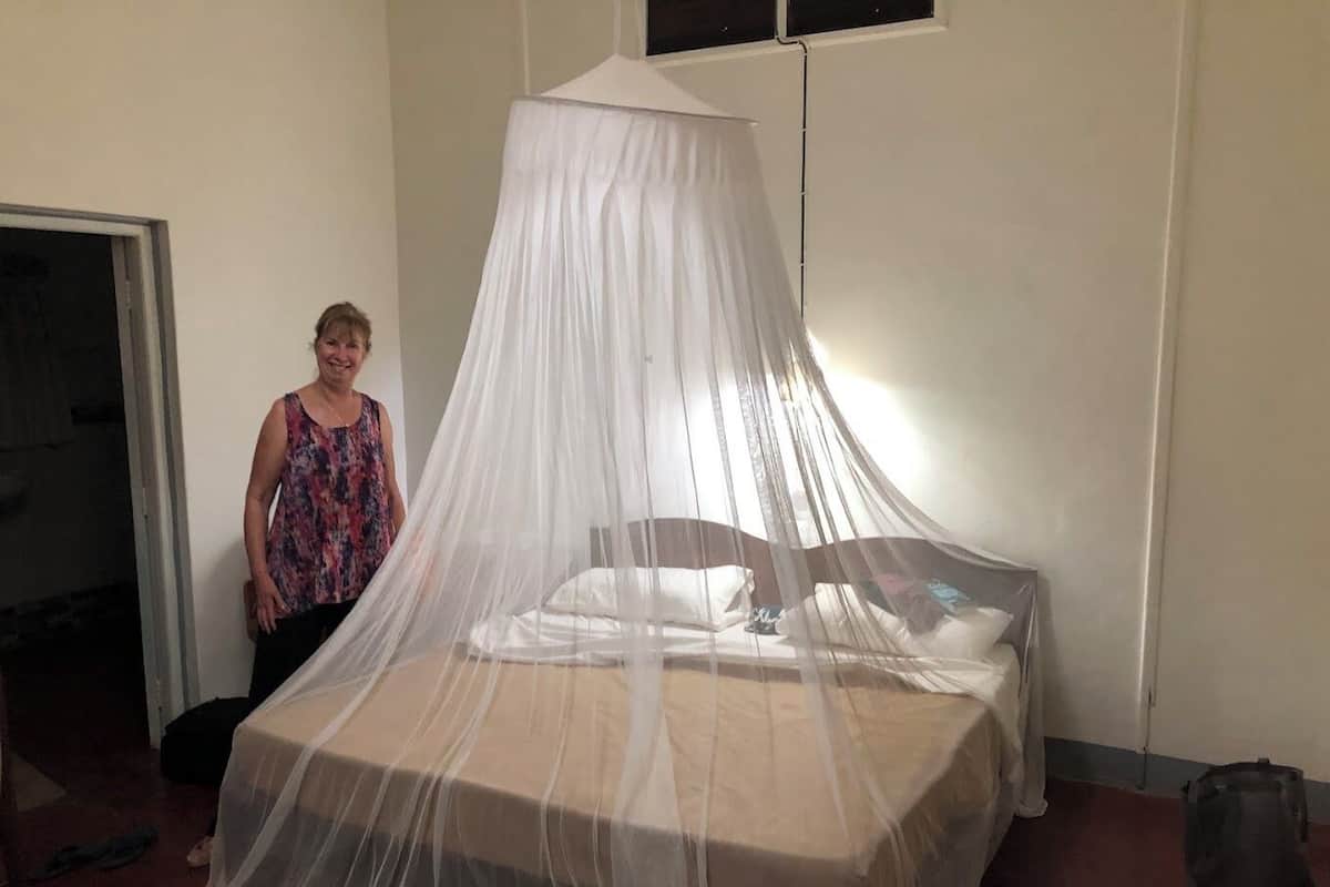 A bed with a white canopy, a plain wall, and a door in the background.