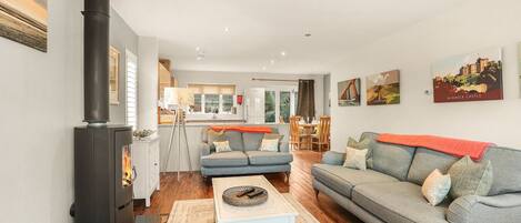 Televisie, een open haard, een dvd-speler en boeken