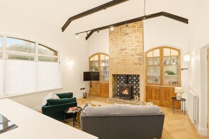 Televisión, chimenea y libros 