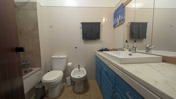 Hair dryer, bidet, towels, soap