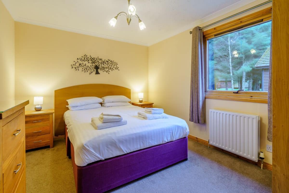A bedroom with a bed, bedside tables, a dresser, a radiator, and a window with a view of trees.