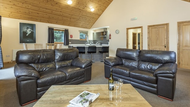 A spacious living area with two leather sofas, a wooden ceiling, and a kitchen in the background.
