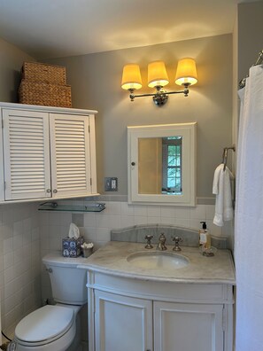 Hair dryer, towels, soap, toilet paper