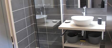 Shower, hair dryer, toilet paper