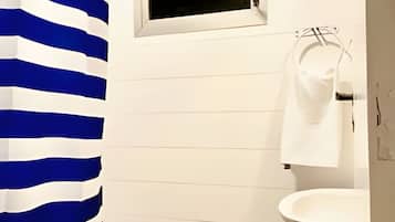 Apartamento standard | Banheiro | Chuveiro, secador de cabelo, toalhas de banho, papel higiênico