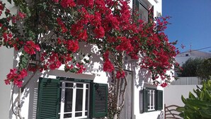 En vit byggnad med gröna fönsterluckor och röda blommor.