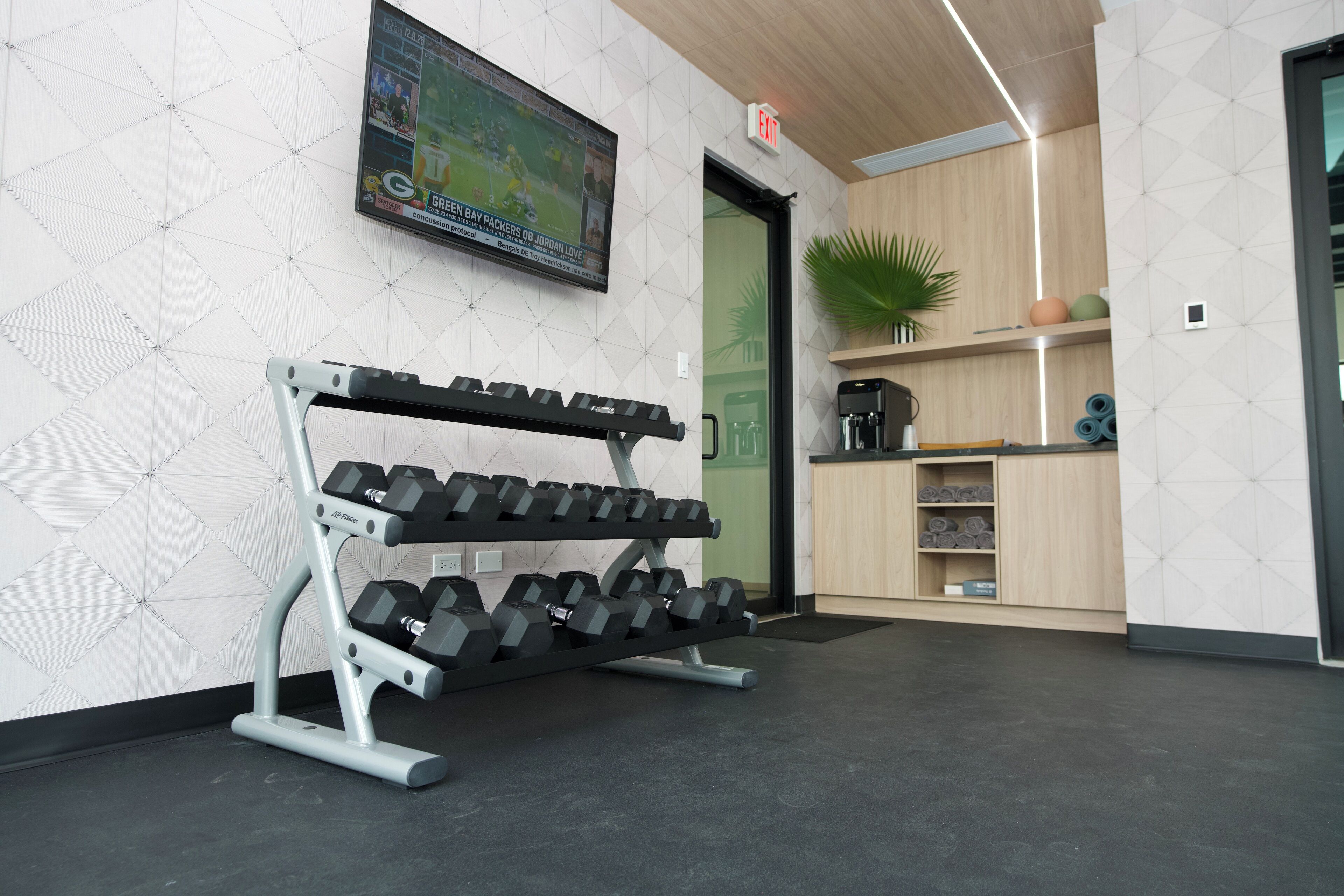 Une salle de sport équipée d’un téléviseur fixé au mur, d’un porte-haltères et d’un espace d’accueil agrémenté d’une plante et d’étagères.