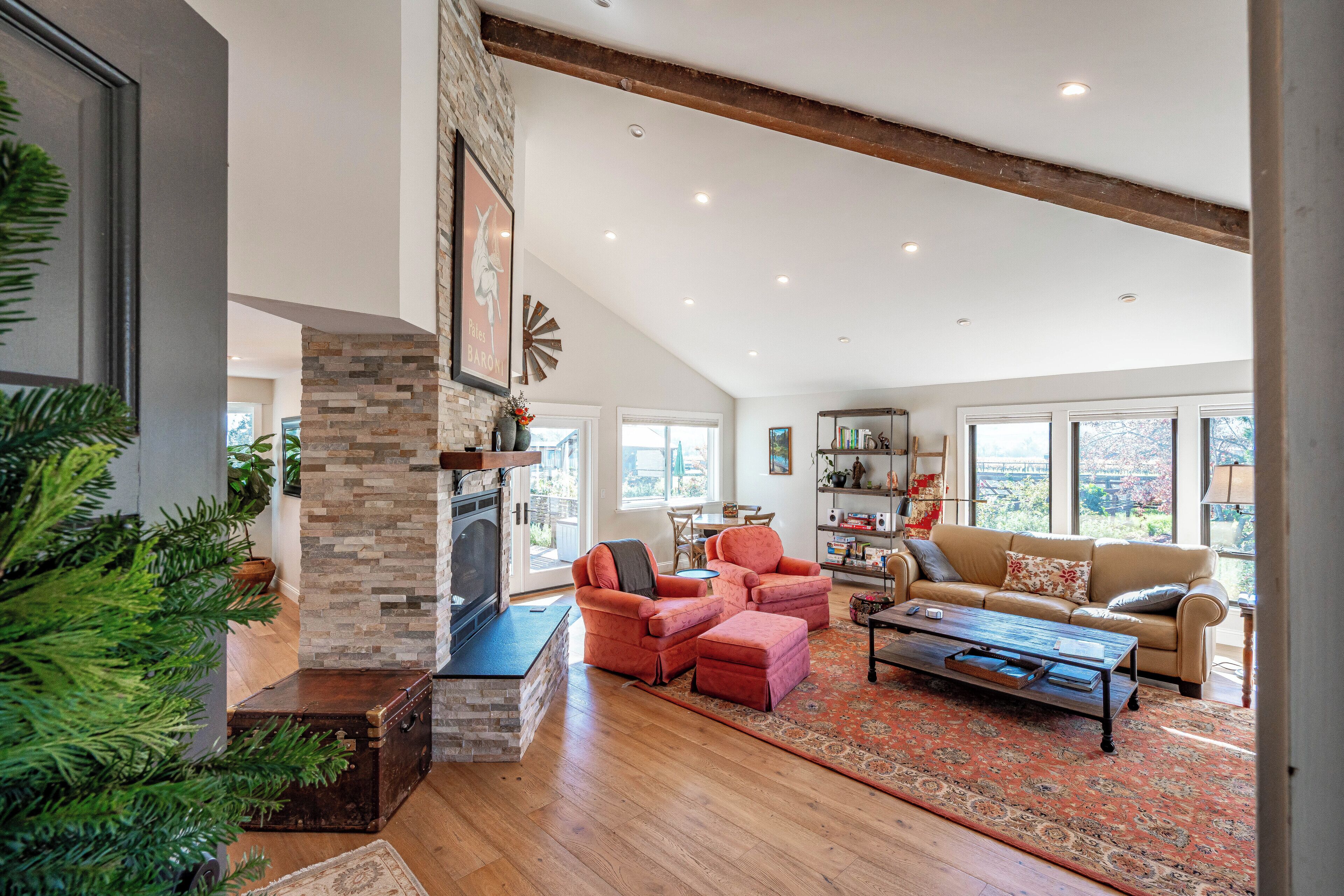 Televisión, chimenea, libros y estéreo 