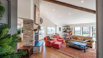 Televisión, chimenea, libros y estéreo