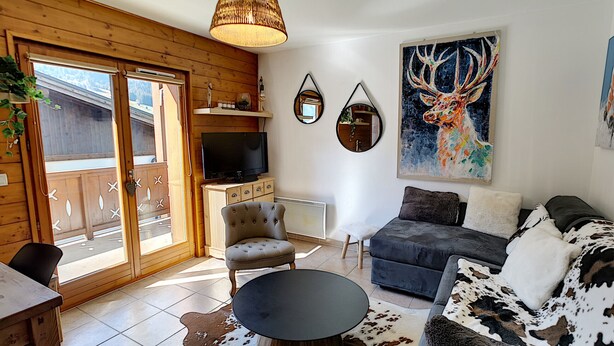 Ett mysigt vardagsrum med en tv, en soffa, en fåtölj och en matta av kohud.