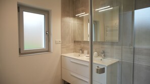 Shower, towels, toilet paper