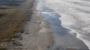 Eine Küstenlandschaft mit Strand und Bergen in der Ferne.