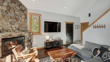 Smart TV, fireplace, foosball