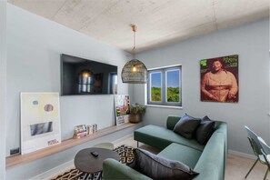 Televisio, takka, pöytätennispöytä, kirjoja