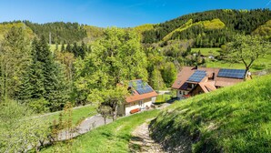 A rural house with solar panels, surrounded by forested hills. - Apartment 'Rose' with Private Terrace, Shared Garden and Wi-Fi (Bad Peterstal-Griesbach)