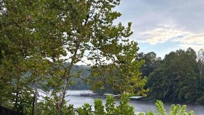 Une zone herbeuse, délimitée par une clôture en métal noir, avec des arbres et une étendue d’eau en arrière-plan.