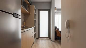 Fridge, microwave, stovetop, espresso maker