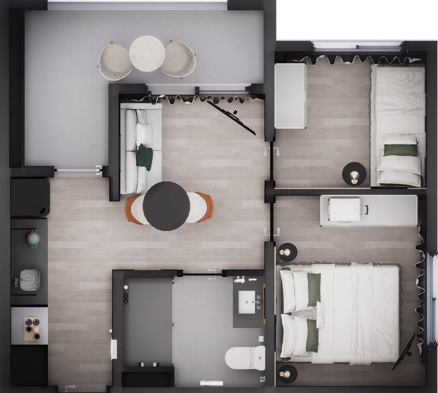 Distribución de una habitación de hotel con cama, zona de estar, kitchenette y baño.