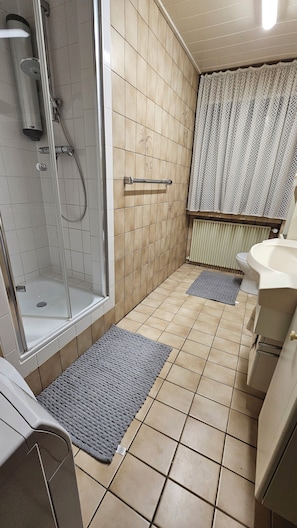 Dusche, Haartrockner, Handtücher, Toilettenpapier