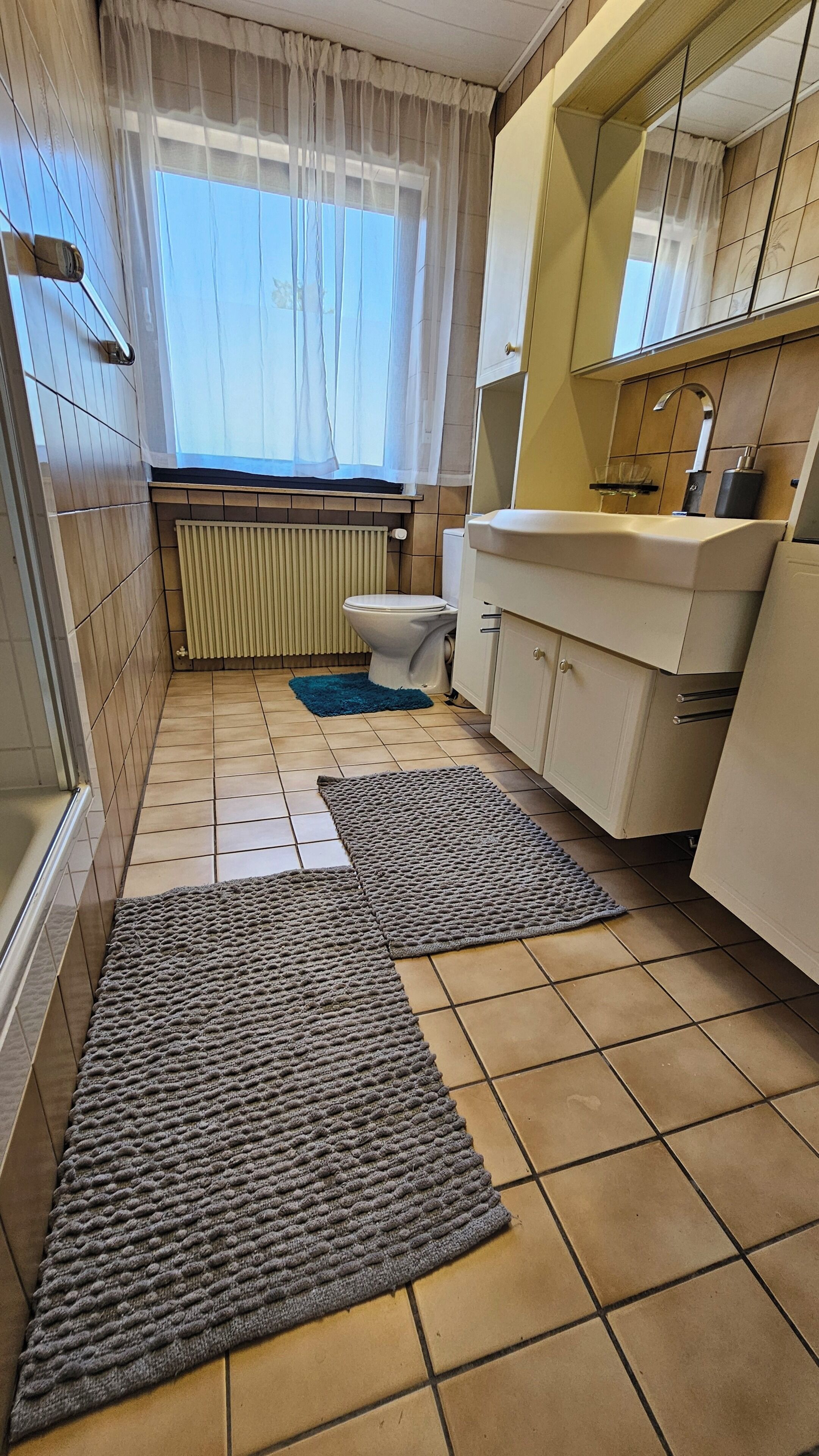 Dusj, hårføner, håndklær og toalettpapir