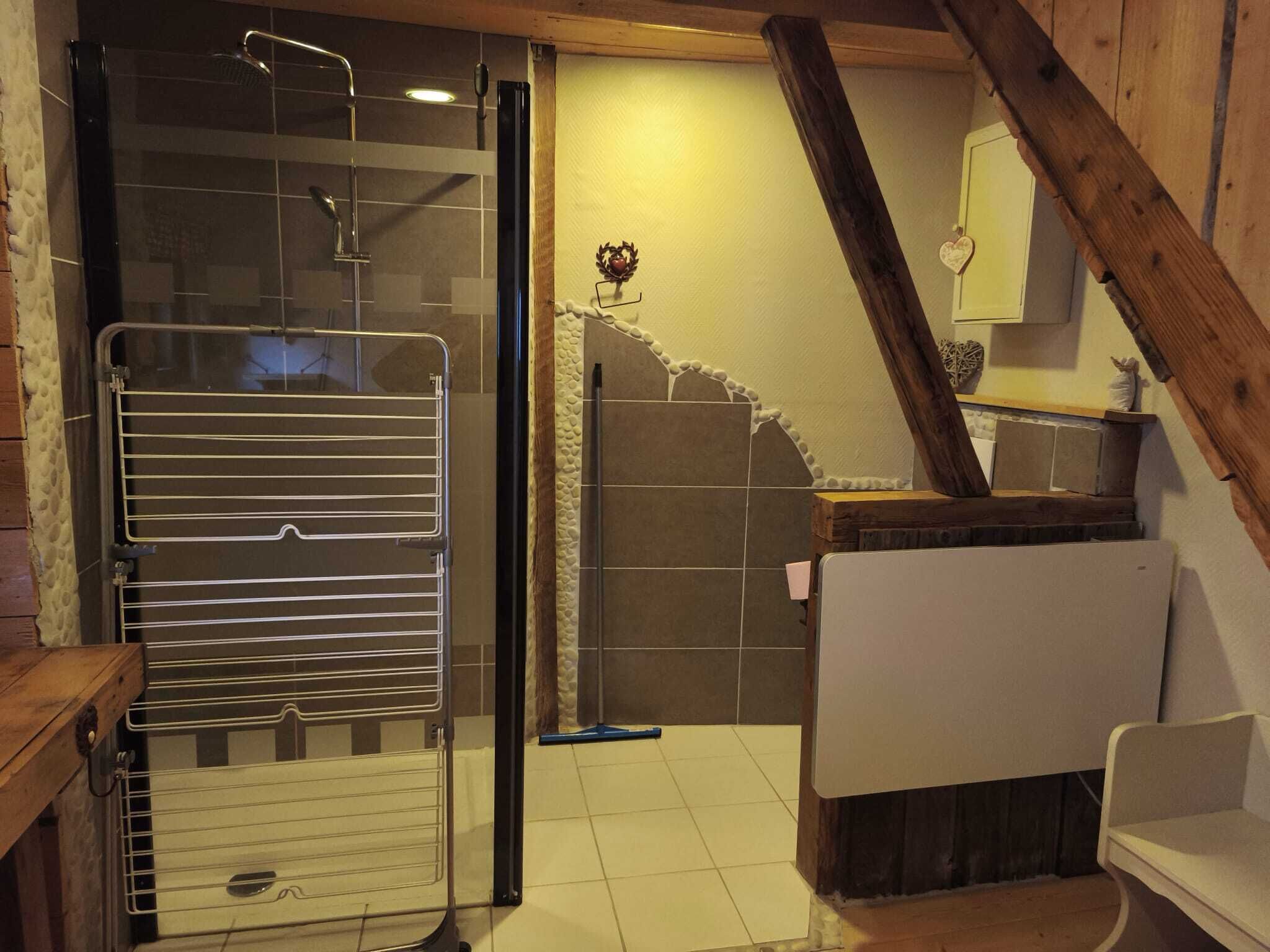 Shower, hair dryer, towels, toilet paper