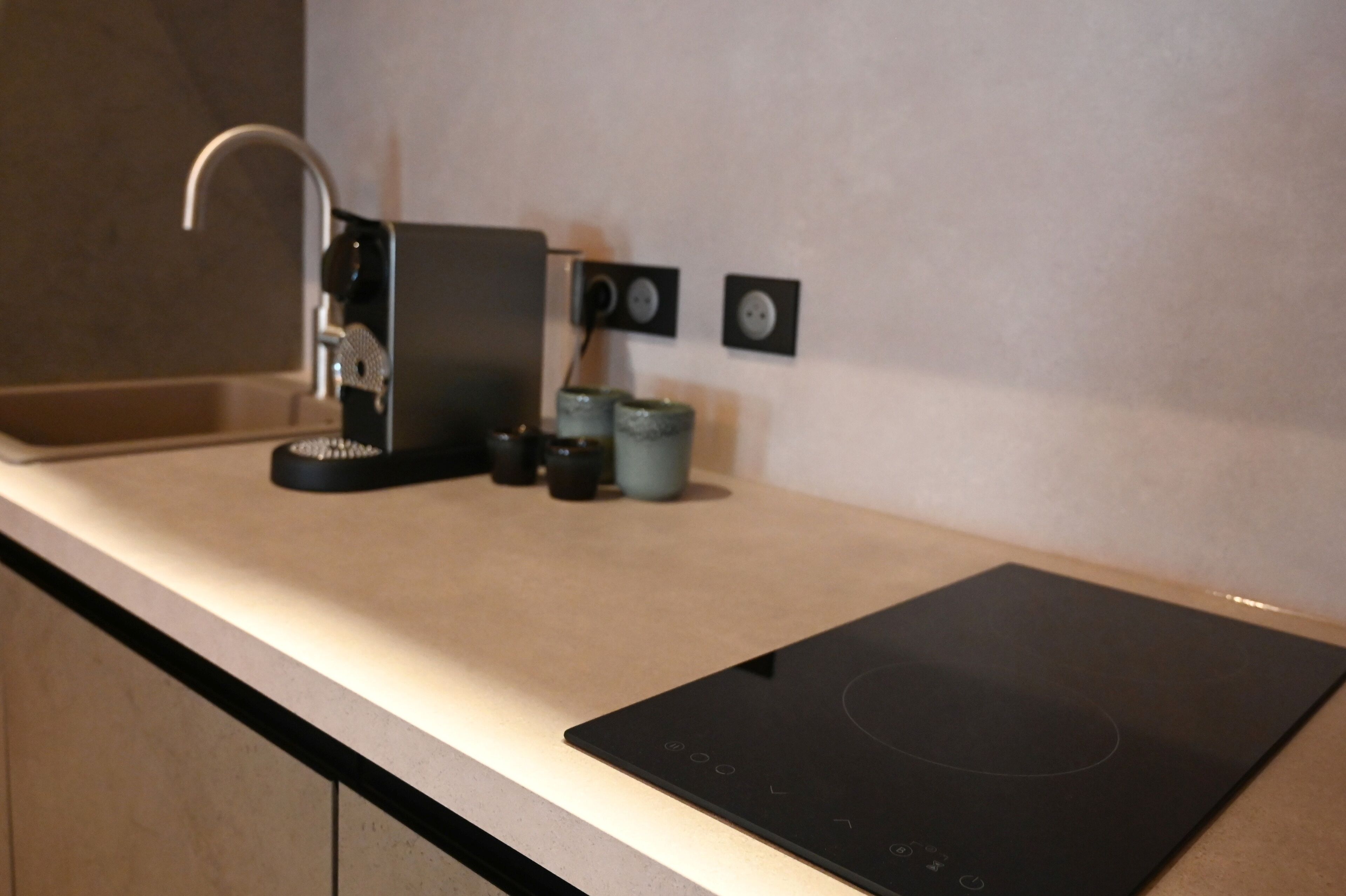 Suite estudio Confort | Cocina privada | Frigorífico pequeño, placa de cocina y utensilios de cocina