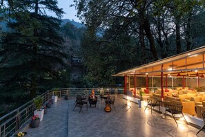 A rooftop terrace with outdoor seating, potted plants, and a view of the surrounding forest.