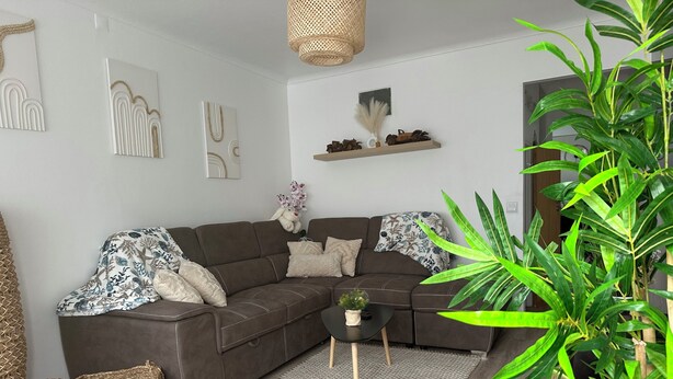 A modern living room with a brown sectional sofa, a small coffee table, a woven rug, and a large green plant. - Casa Santa Maria (Vila do Porto)