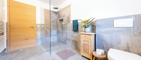 Douche, sĂšche-cheveux, serviettes fournies, savon