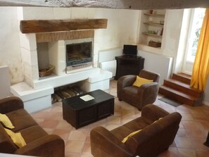 Una televisión, una chimenea, un reproductor de DVD