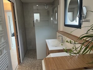 Hair dryer, towels, soap, toilet paper