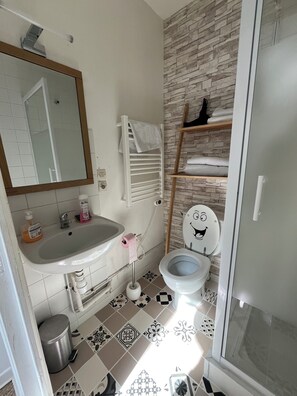 Een douche, een haardroger, handdoeken, zeep