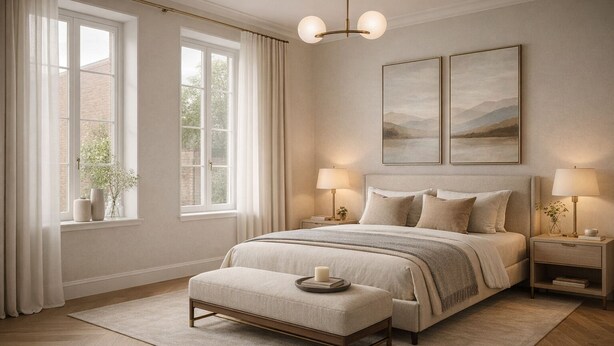 Ein Schlafzimmer mit einem großen Bett, zwei Nachttischen, einem Schreibtisch, einem Fenster mit Vorhängen und einer Chandelüster.