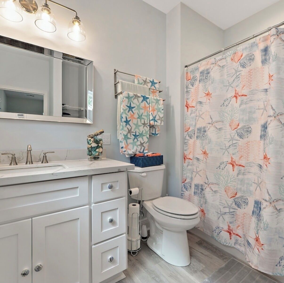 Hair dryer, towels, soap, toilet paper