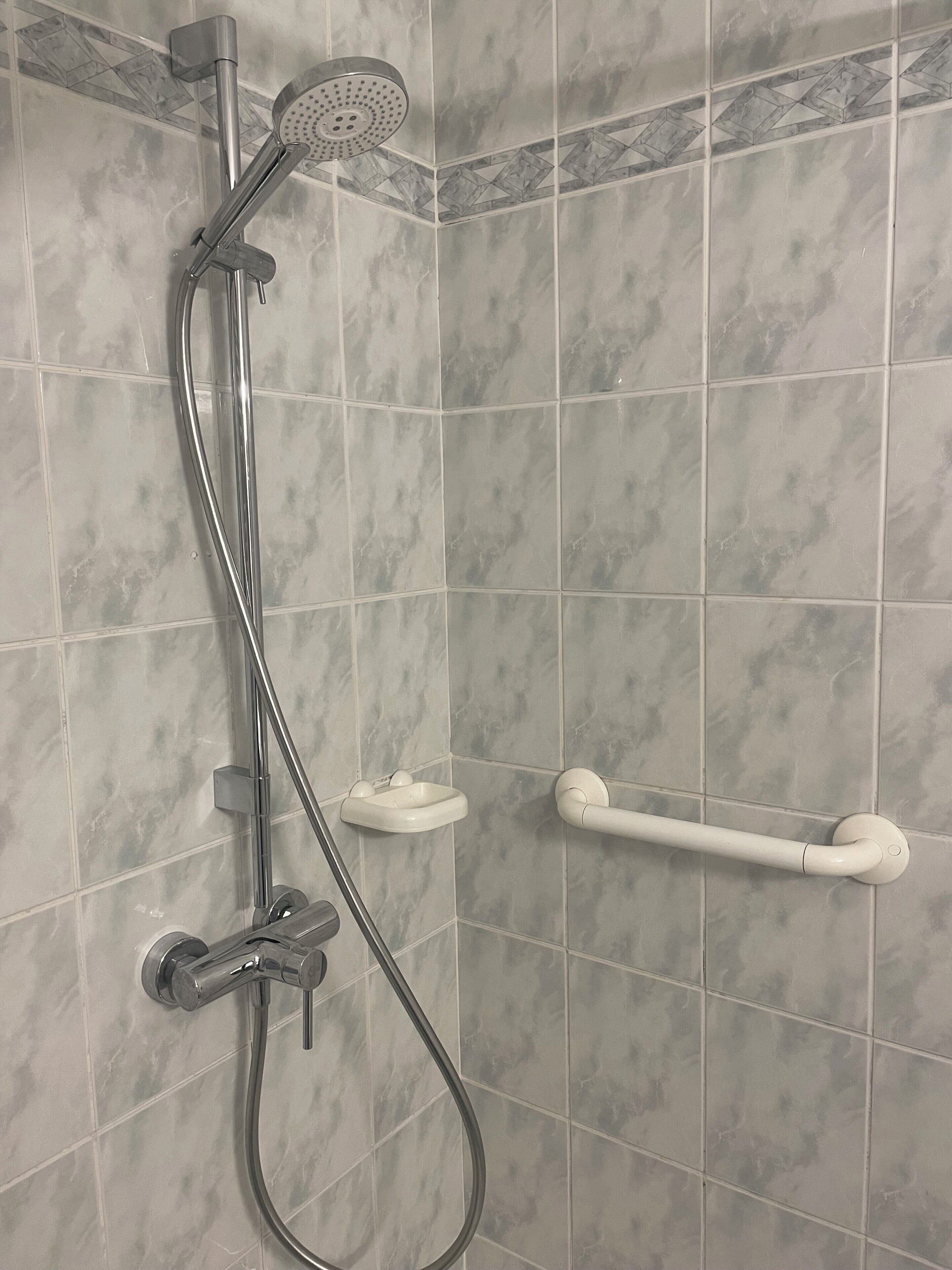 Ducha con cabezal de ducha de mano, accesorio de ducha manual y barra de apoyo.