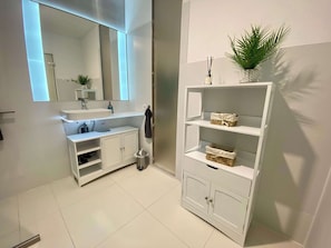 Shower, hair dryer, towels