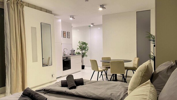 Una habitación de hotel moderna con una cama, un área de comedor con sillas, una pequeña cocina y una planta en maceta.