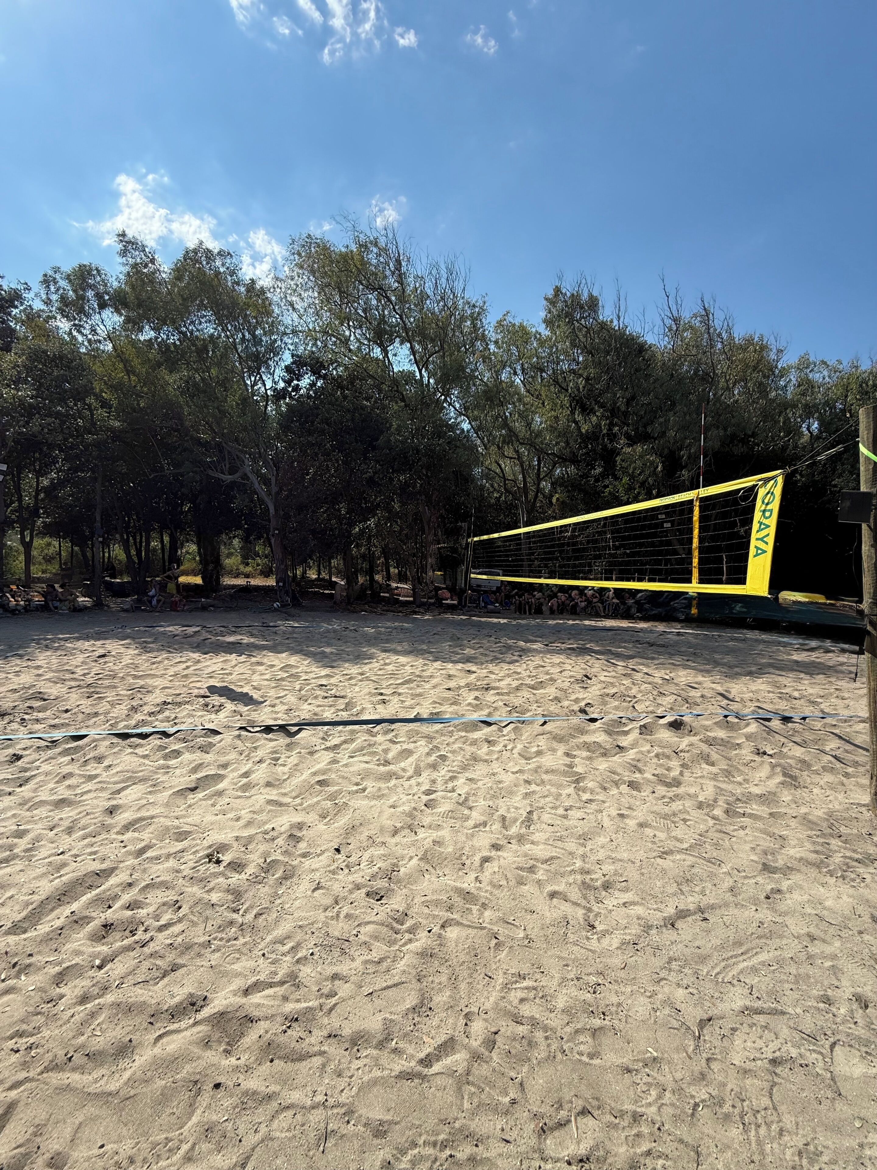 Una playa arenosa con una red de voleibol y árboles al fondo.