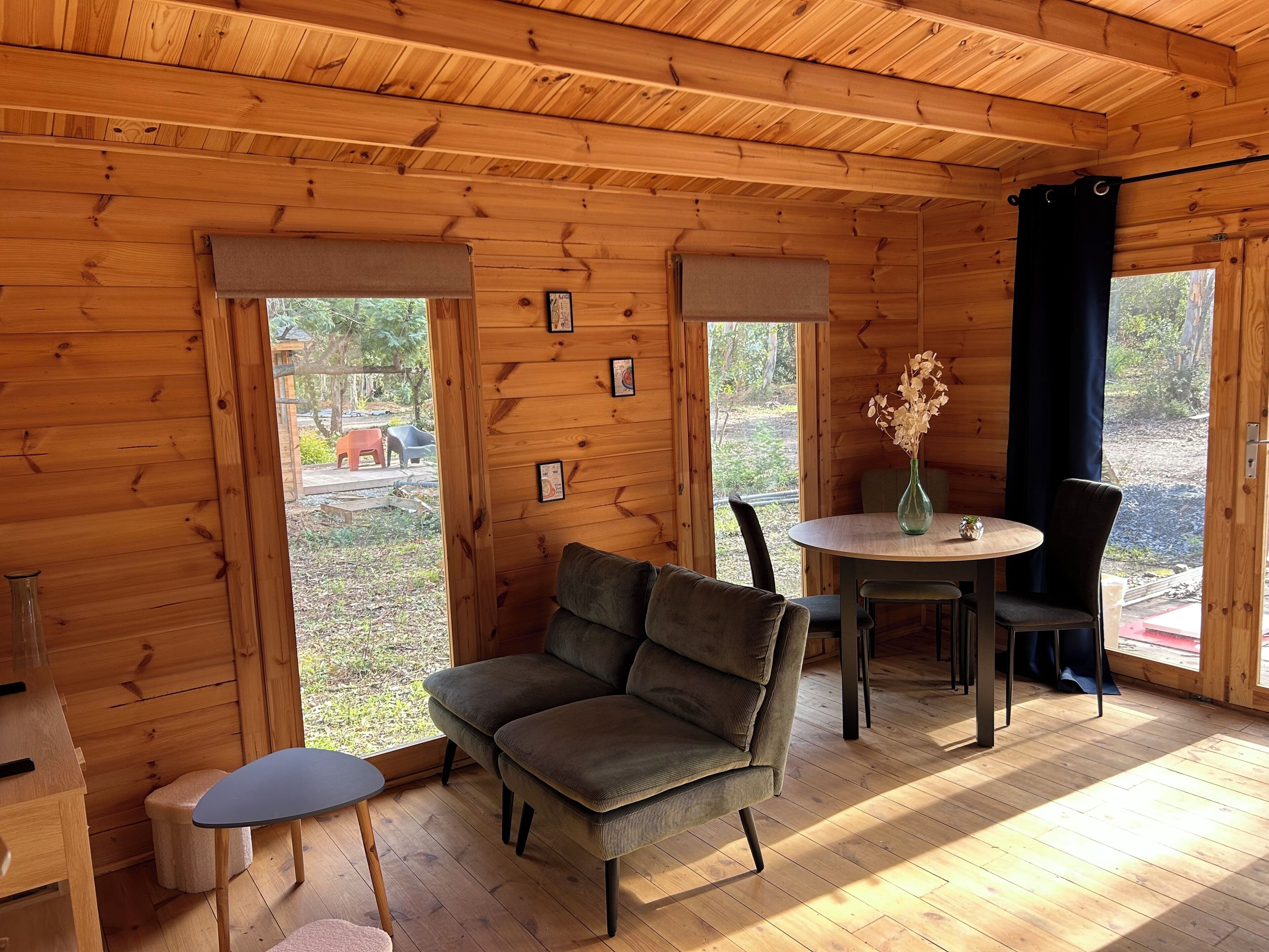 A wooden cabin interior with a sofa, a small table, and a dining table with chairs.