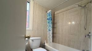 Ein Badezimmer mit Toilette, einer Badewanne und einer Dusche.
