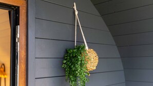 Une jardinière suspendue, remplie de plantes vertes, est accrochée à un mur en bois foncé.