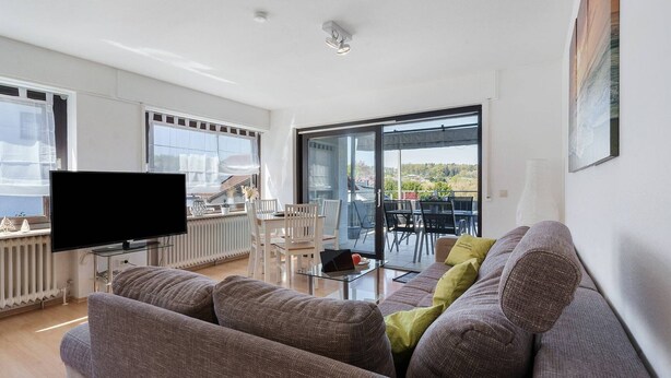 A modern living room with a flat-screen TV, grey sofas, a glass coffee table, and a balcony with a view.