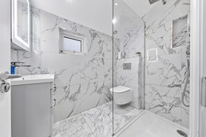 Shower, hair dryer, towels, toilet paper