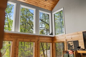 A room with large windows, wooden ceiling, and a view of trees. - ONE Beary Good View 3BR-2BA in Gatlinburg Sleeps 9 (Gatlinburg)