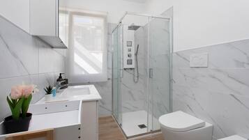Shower, hair dryer, towels