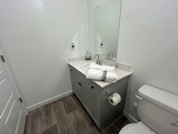 A bathroom with a white sink, mirror, and toilet. - Cozy 2-bedroom bungalow in beautiful Fresno with AC (Fresno)