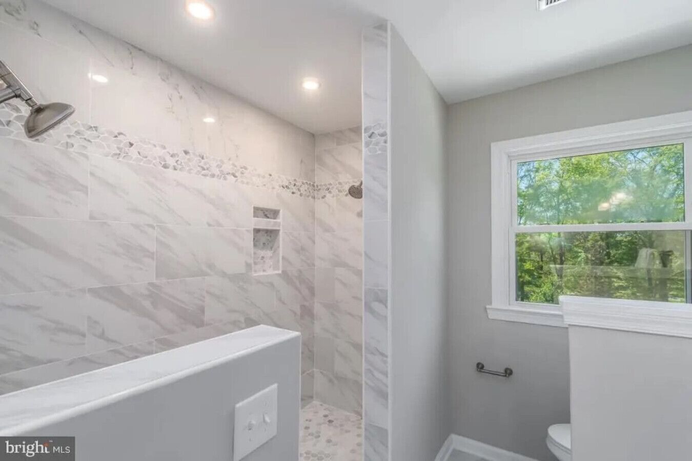 A bathroom with a shower, a toilet, and a window.