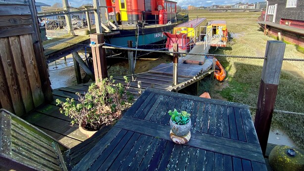 A wooden deck with a potted plant and a table.