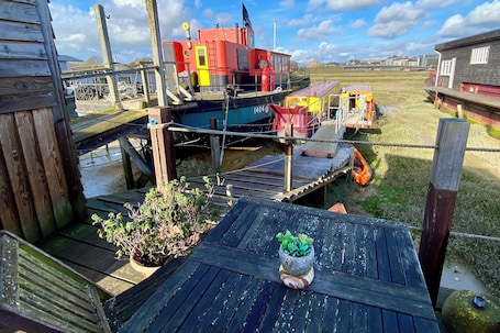 Property grounds. Jellybean - cute and cosy tiny houseboat in a nature reserve by the sea.